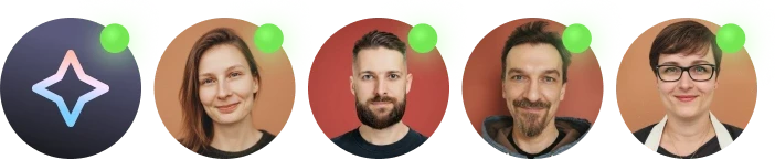 A row of profile images representing Text’s AI agent and human support team.