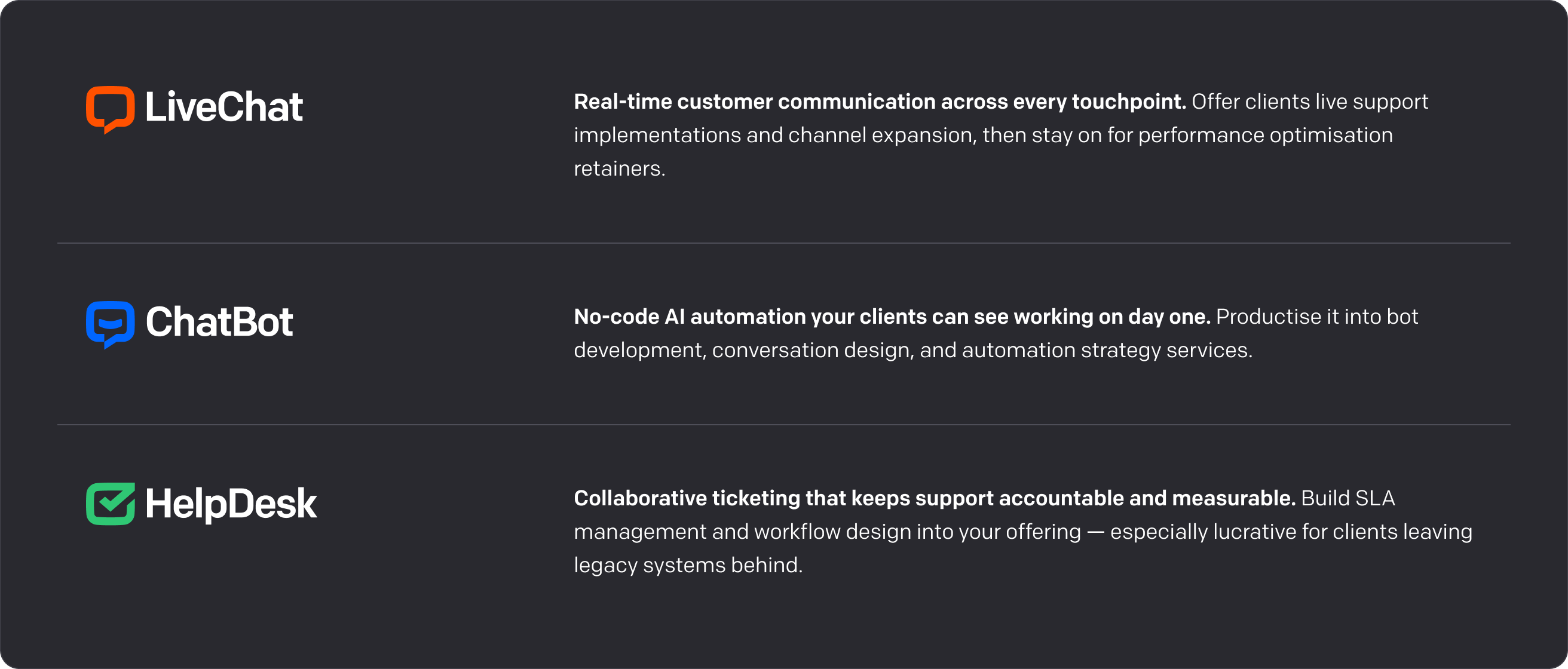 Product summary for LiveChat, ChatBot, and HelpDesk
