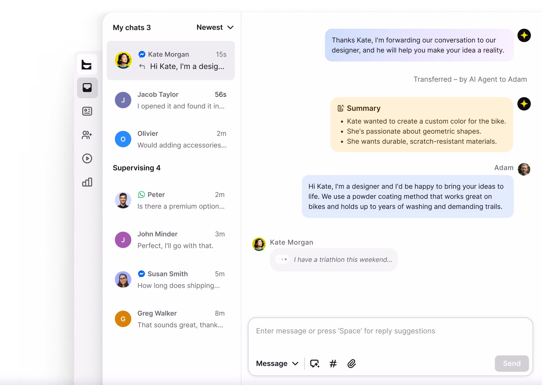 Text shared inbox listing chats from several channels next to a customer profile