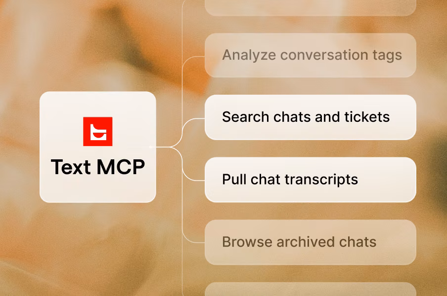 Text MCP node connected to tools for searching chats and tickets, pulling chat transcripts, browsing archived chats, and analyzing conversation tags