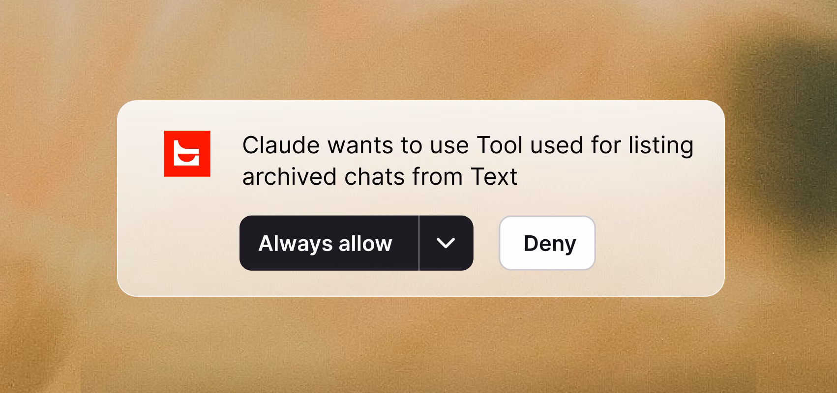 Permission prompt asking to allow Claude to use the tool for listing archived chats from Text, with Always Allow and Deny options