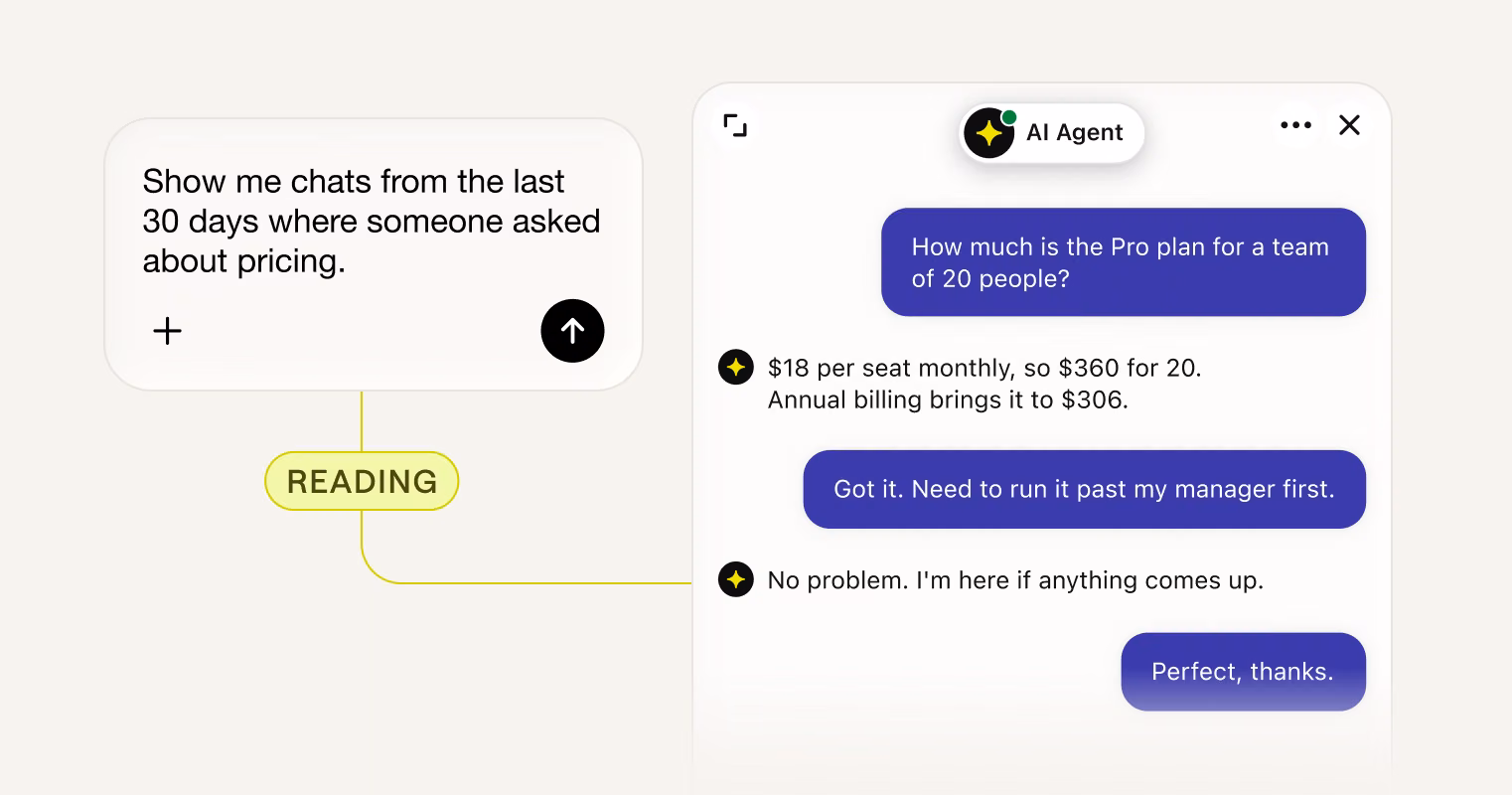 AI prompt asking for chats from the last 30 days about pricing, with a READING status connecting to a transcript where a visitor asks about the Pro plan then needs to check with their manager