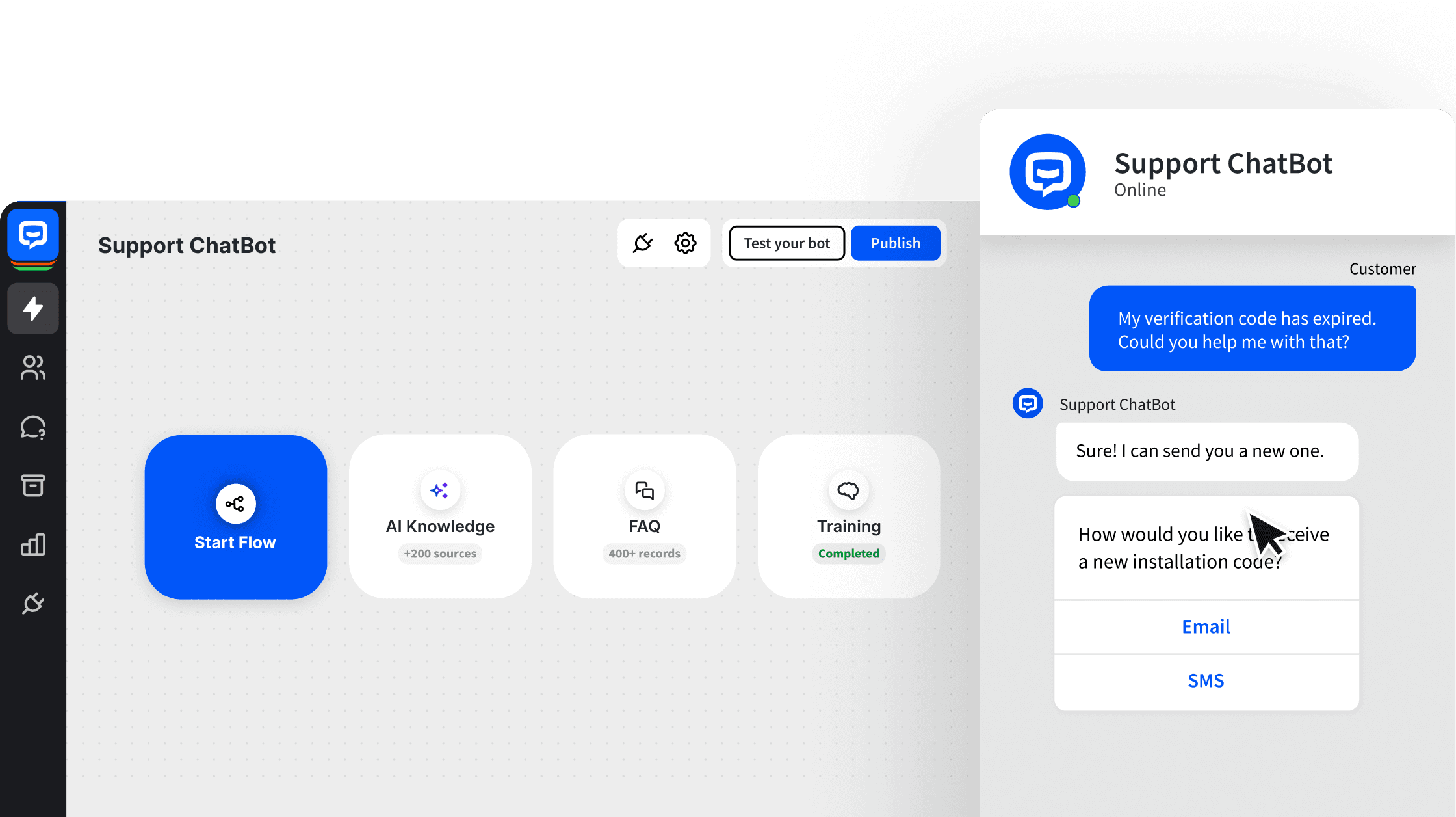 Set up complex chat bots in a quick and simple visual builder.