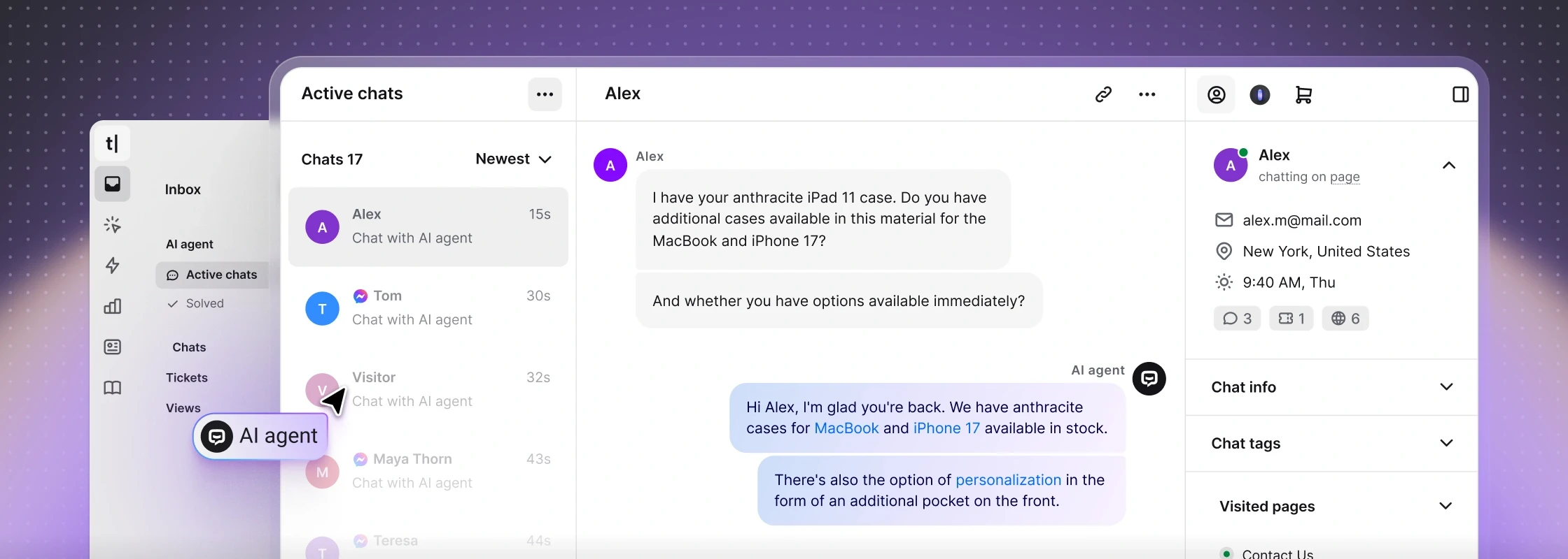 Screenshot of the Active chats section in the Text App, showing a conversation between a customer and an AI agent.