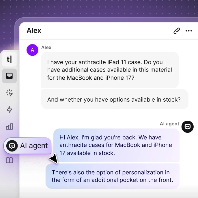 Screenshot of the Active chats section in the Text App, showing a conversation between a customer and an AI agent.
