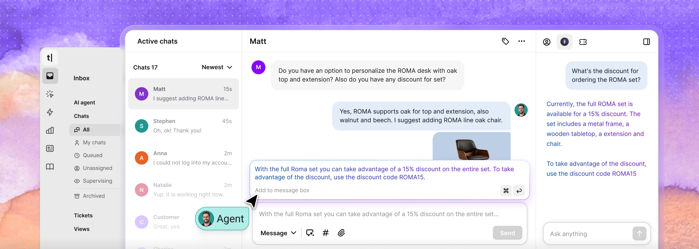Screenshot of the Active chats view in the Text App, showing a customer conversation with an AI-generated reply suggestion from Copilot.