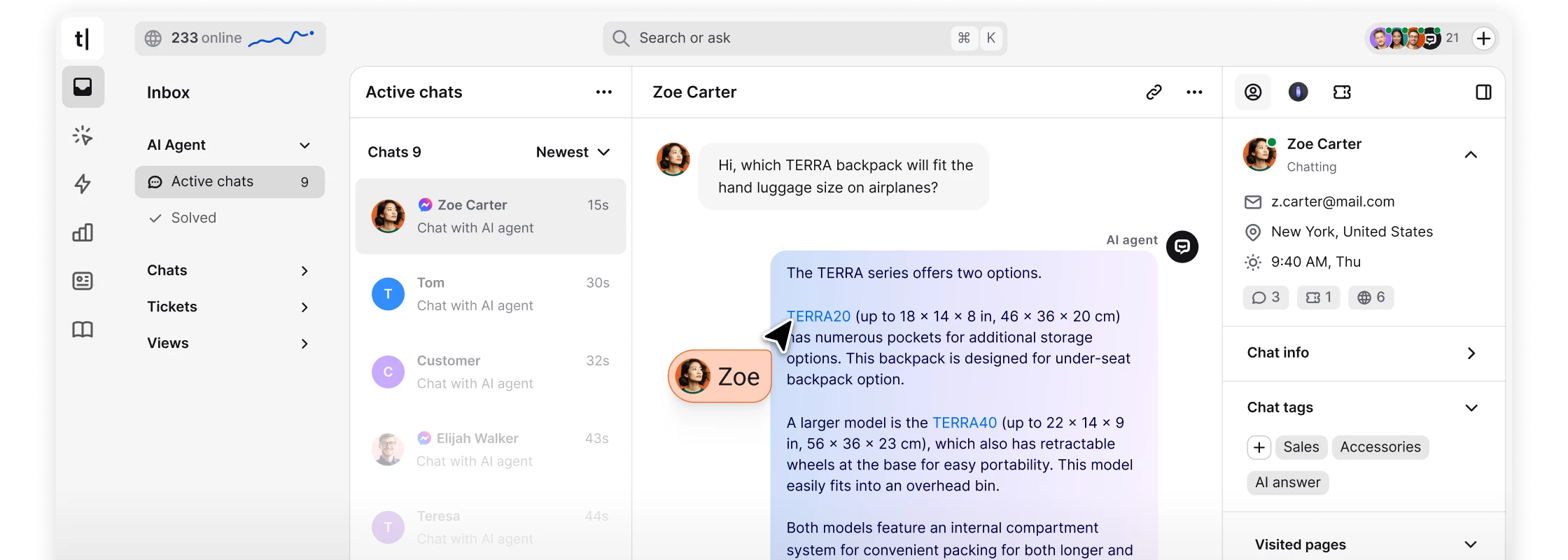 Screenshot of the Inbox view in the Text App, showing AI-powered customer service conversations.