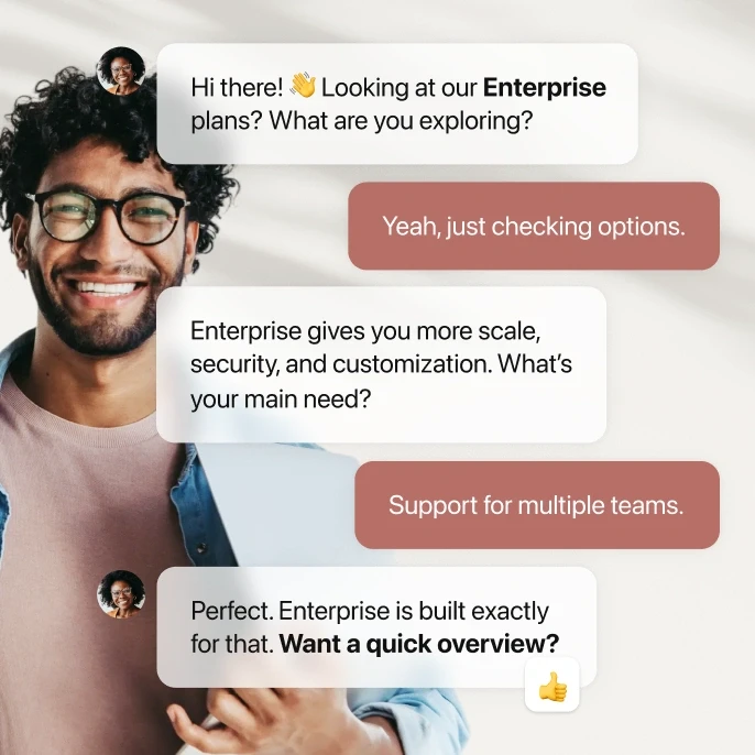 Customer chatting with an agent about Enterprise plans, discussing needs and receiving guidance on features.