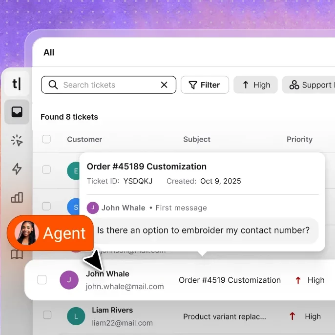Screenshot of the All tickets section in the Text App, with ticket details highlighted to show request status, assignee, and conversation history.