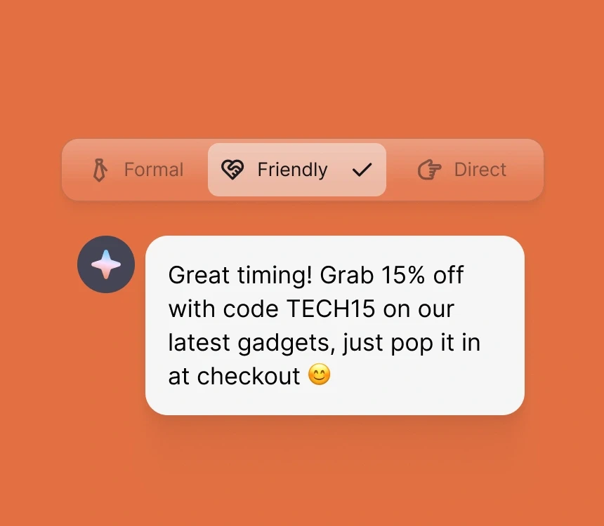 A Text interface showing an AI agent generating an on-brand customer message with adjustable tone settings, illustrating how AI agents support customer service automation while maintaining brand consistency.