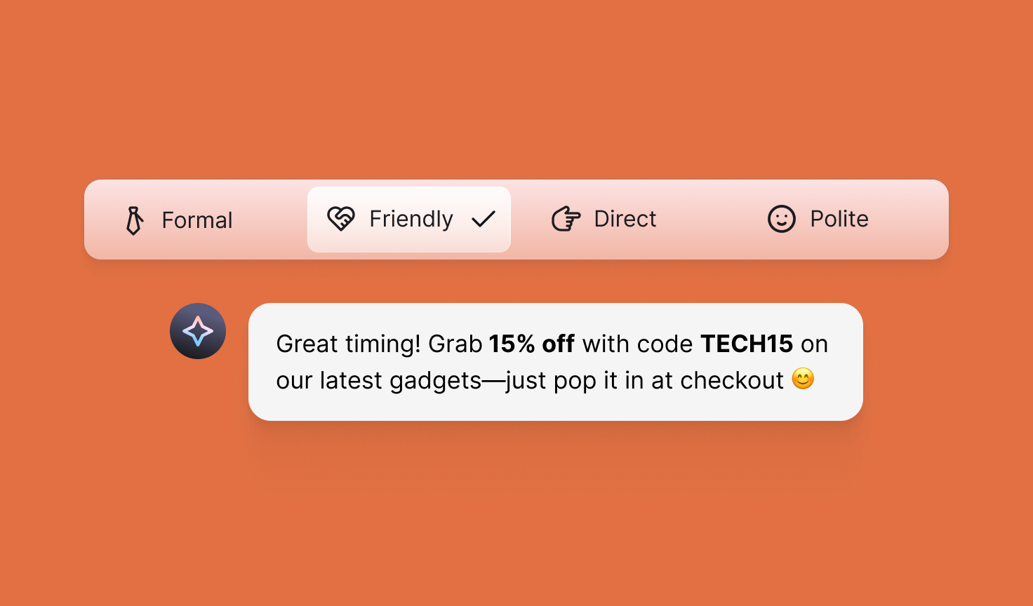 A Text interface showing an AI agent generating an on-brand customer message with adjustable tone settings, illustrating how AI agents support customer service automation while maintaining brand consistency.