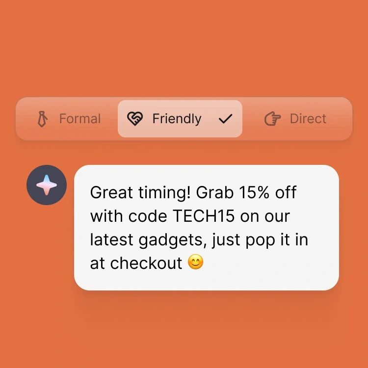 A Text interface showing an AI agent generating an on-brand customer message with adjustable tone settings, illustrating how AI agents support customer service automation while maintaining brand consistency.