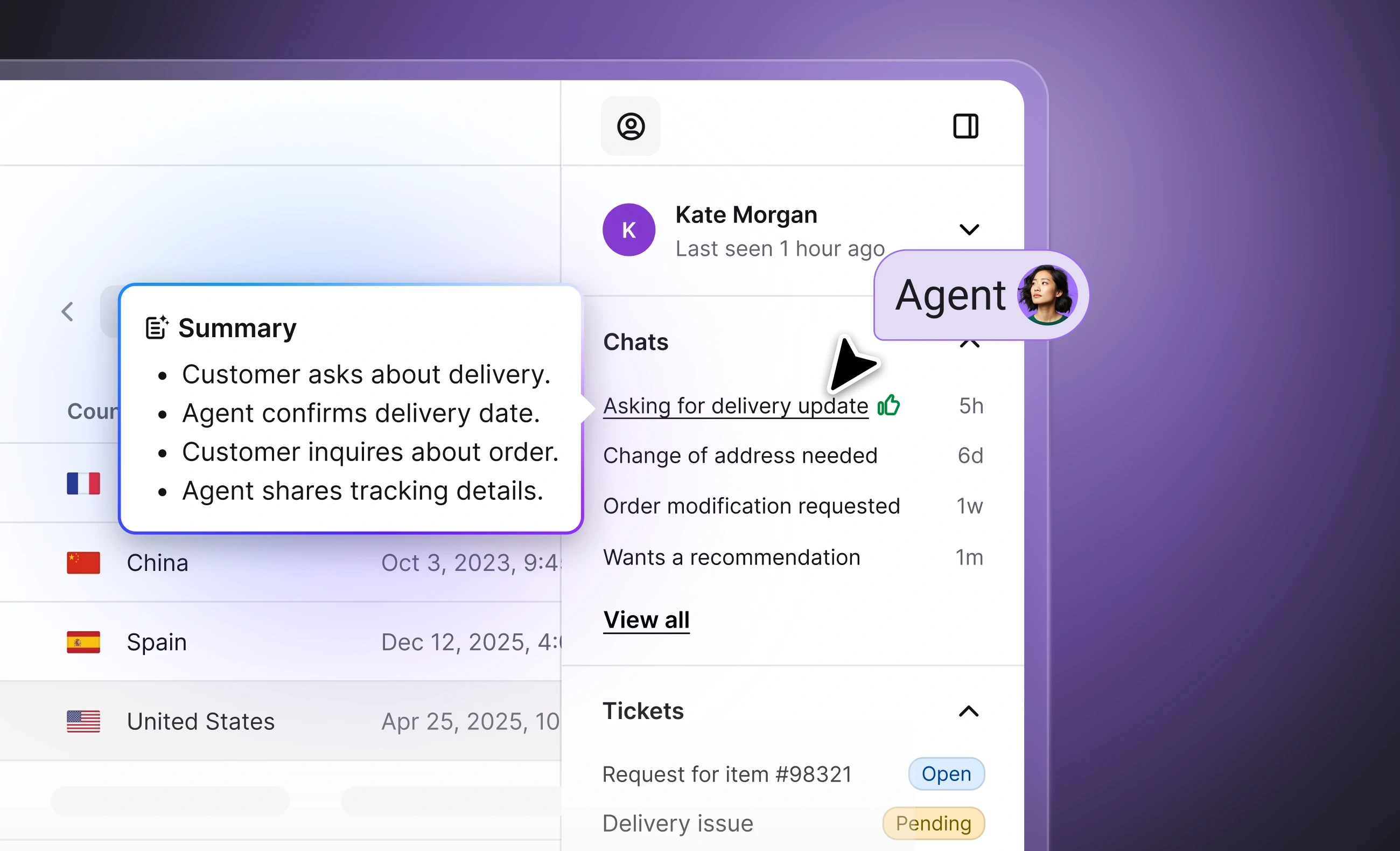 Chat summary showing key points from a customer conversation, displayed next to the customer’s recent chats and tickets in Text App.