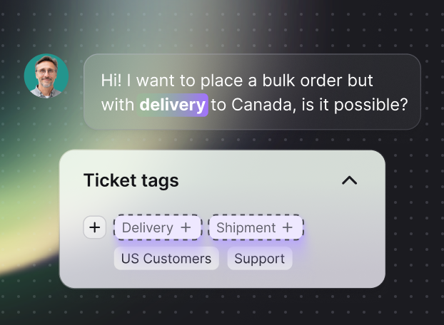 AI-recommended tags appearing based on conversation content.