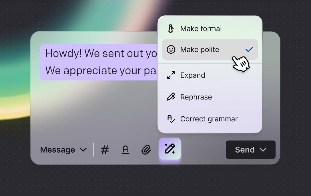 Message tone being refined by AI in Text App to match the brand voice and customer’s communication style.