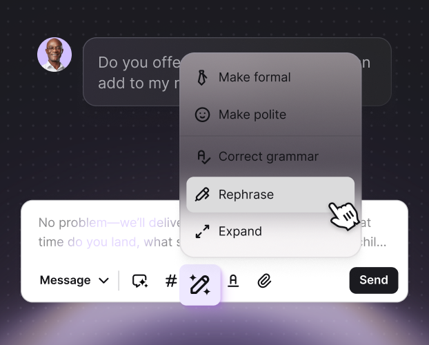 AI text enhancement highlighting AI-improved grammar, tone, and clarity in a customer message.