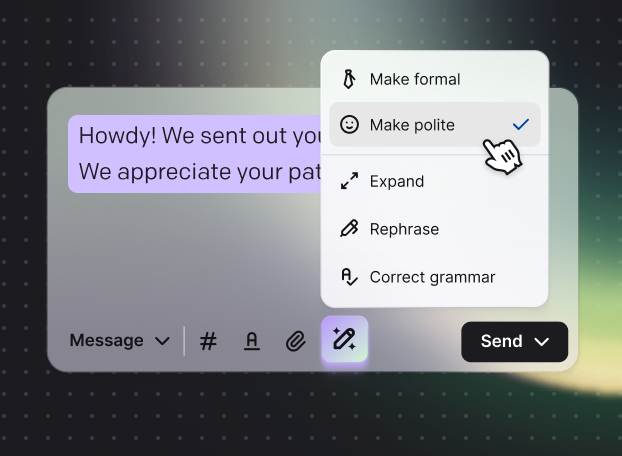 Message tone being refined by AI in Text App to match the brand voice and customer’s communication style.