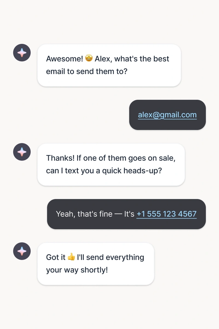 An AI customer service agent exchanging automated chat messages with a customer, showing how customer service software collects email and phone details through conversational messaging.