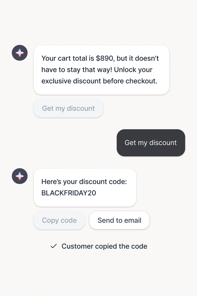 An automated chat between an AI sales agent and a customer, sharing a discount code and demonstrating how AI messaging tools assist with checkout and conversion optimization.