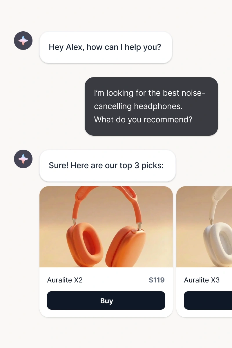 A chat interface with an AI customer support agent recommending headphone models to a customer through automated product suggestions.
