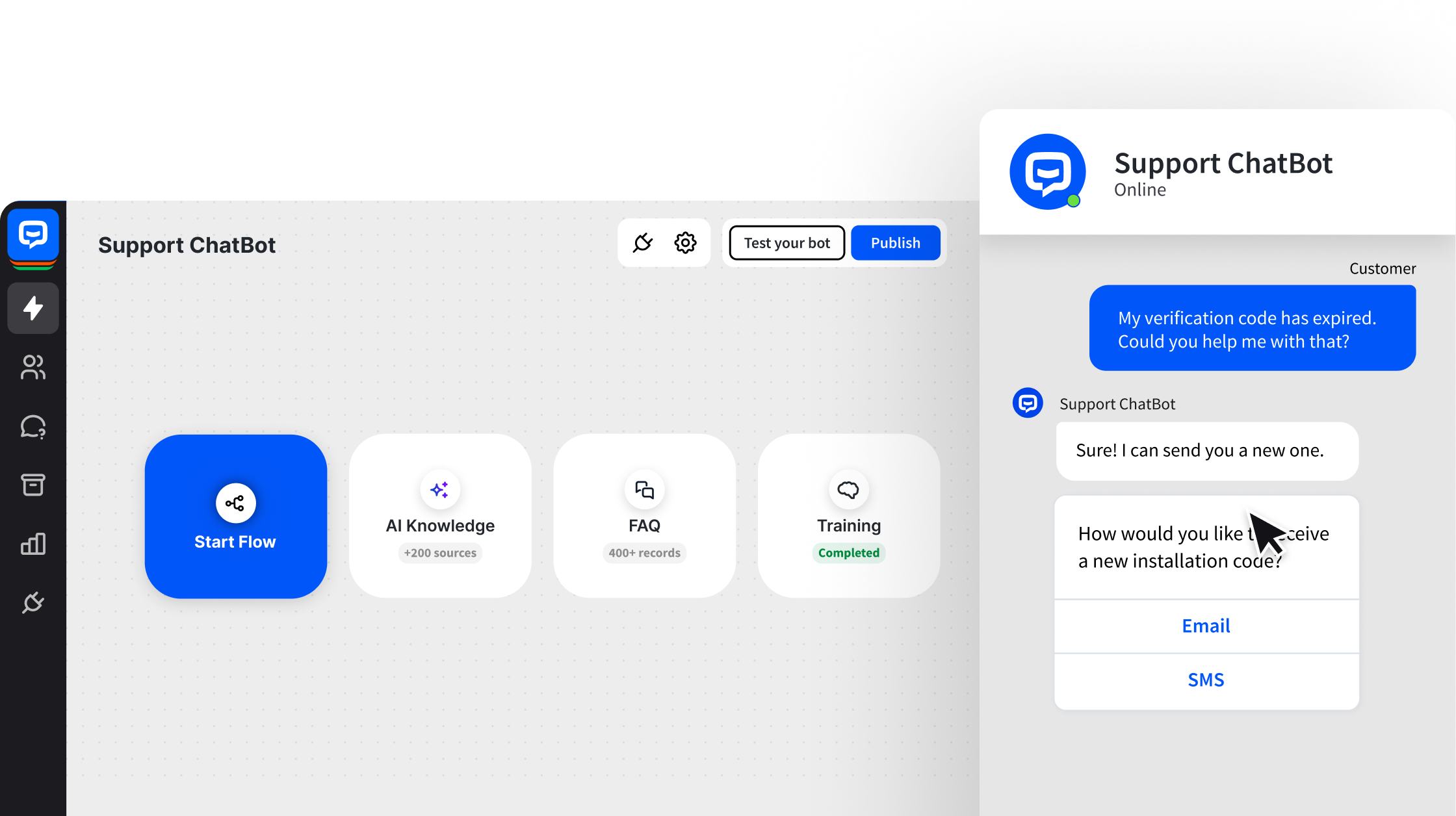 Set up complex chat bots in a quick and simple visual builder.