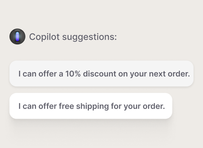A UI card showing Text AI Copilot suggestions such as offering a discount or free shipping, illustrating how AI agents support customer service teams with automated recommendations.