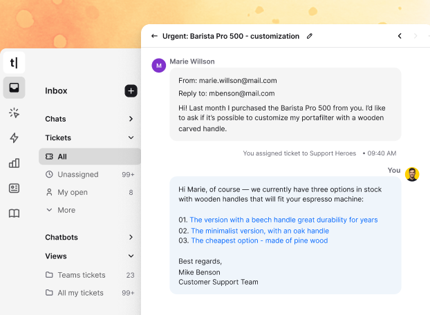 View of Inbox in Text App interface, showing a conversation moving from bot to human agent, all in one view.