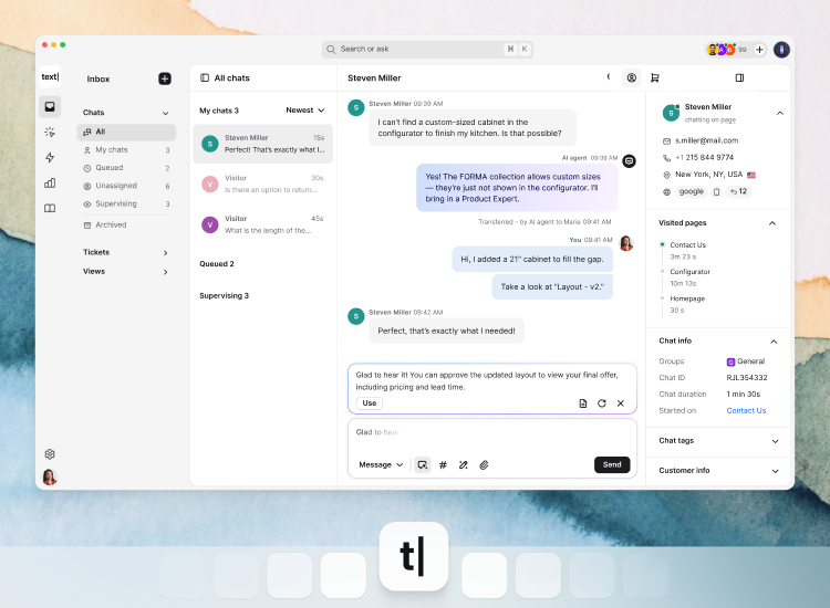 A desktop view of the Text App workspace showing a customer service conversation between an AI agent, a customer, and a human agent.