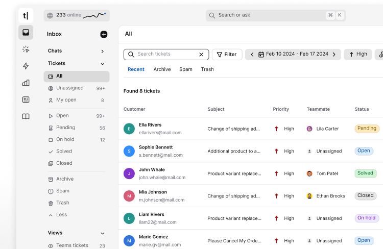 View of the Tickets section in the Text App, showing an example customer conversation.