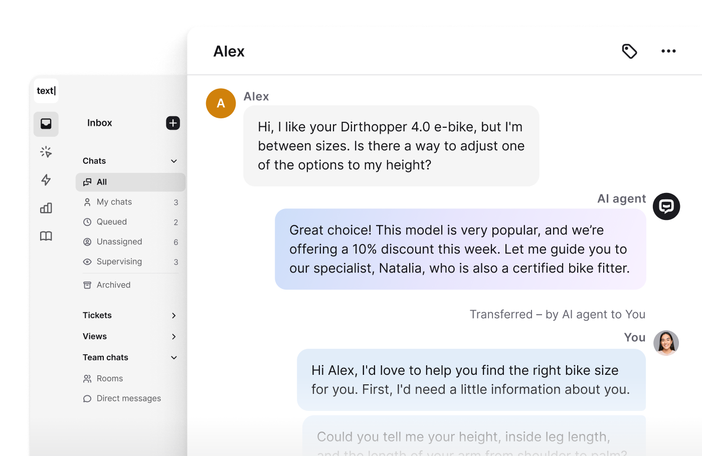 View of the Chats section in the Text App, showing an example customer conversation.