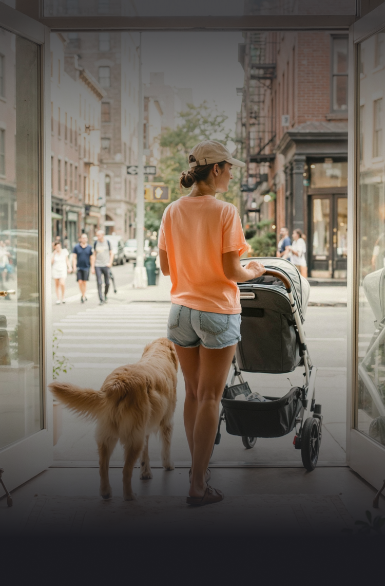 A customer walking out of a boutique store.