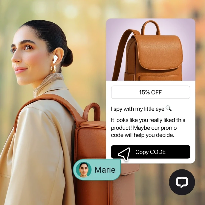 Returning customer viewing a product multiple times, receiving a personalized 15% off message with a promo code, shown alongside an agent indicator.