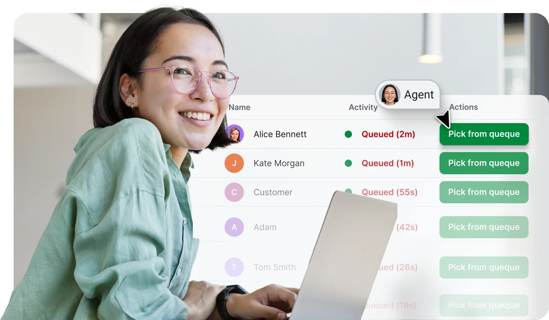 Agent viewing a queue of incoming customer chats in the Text App, with options to pick conversations from the queue.