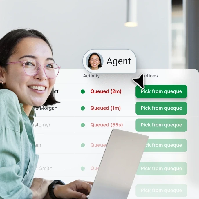 Agent viewing a queue of incoming customer chats in the Text App, with options to pick conversations from the queue.