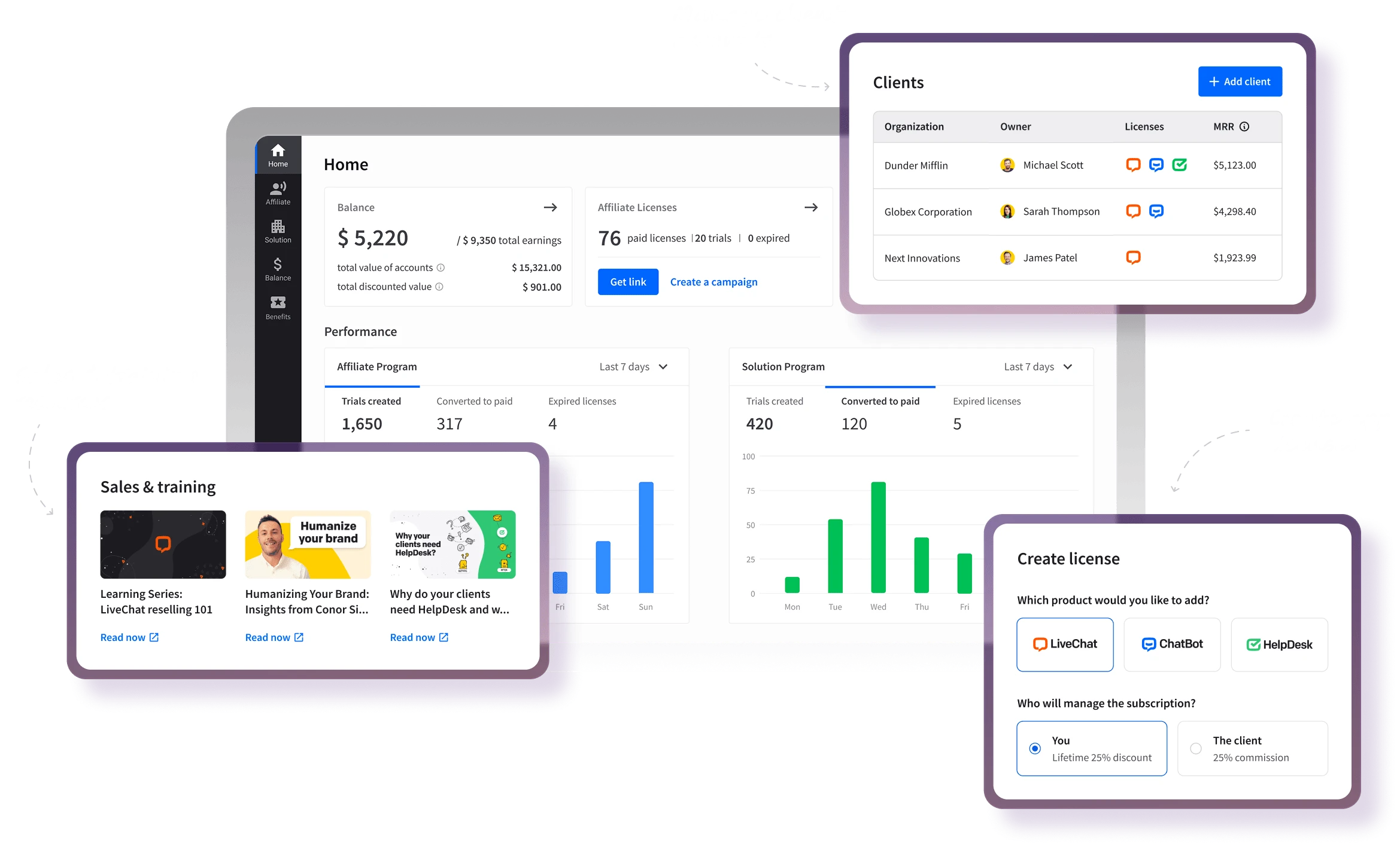 Text partner app interface with balance, campaign customization and assets shown