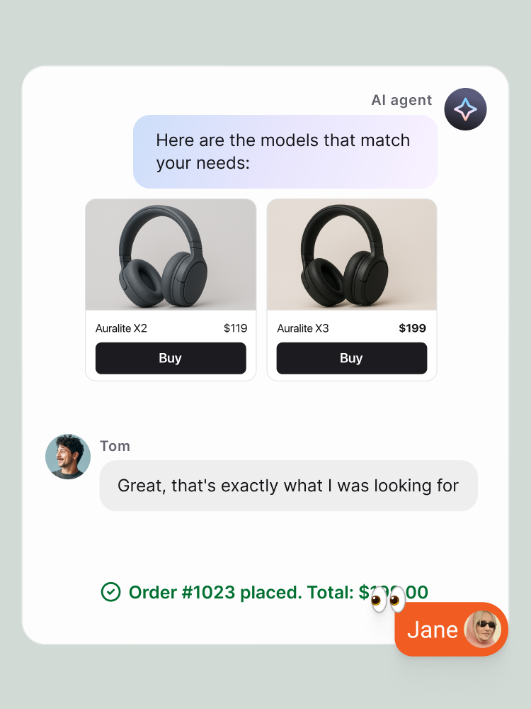 A real-time Text app interface showing an AI agent recommending products to a customer while a team member supervises the chat, demonstrating how AI agents assist sales teams with automated product suggestions.