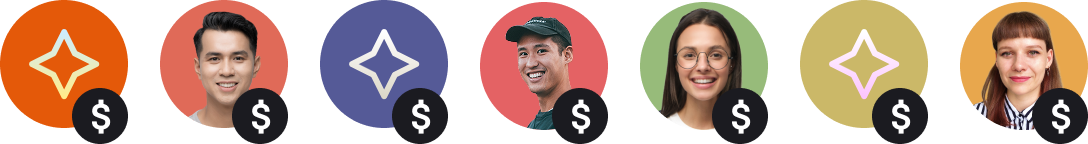 A row of AI agent and team member avatars with sales icons, illustrating how Text AI helps customer support agents close more deals by automating routine tasks.