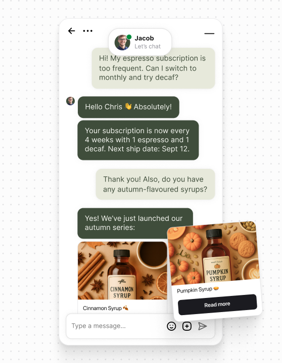 Chat widget shown on a website, displaying a visible message prompt that encourages visitors to start a conversation