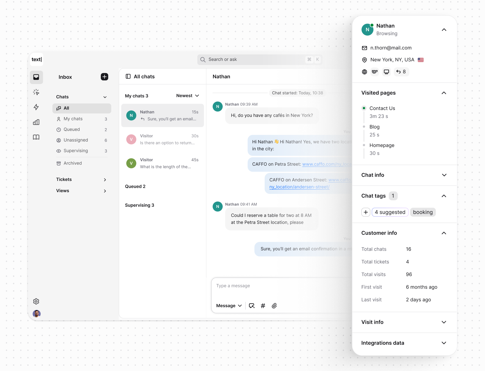 Customer Details view in the Text App, showing location, browsing history, and past interactions to personalize the conversation.