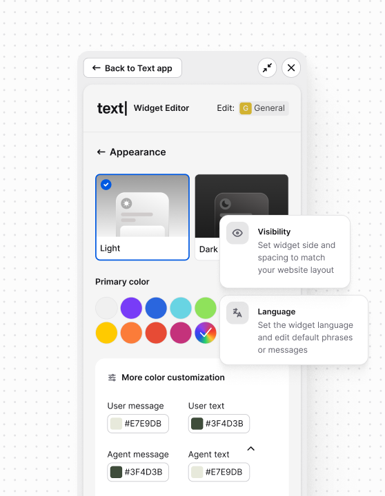 Customization options in the Text App, displaying tools to adjust the chat widget’s appearance and tone to match your website’s branding.