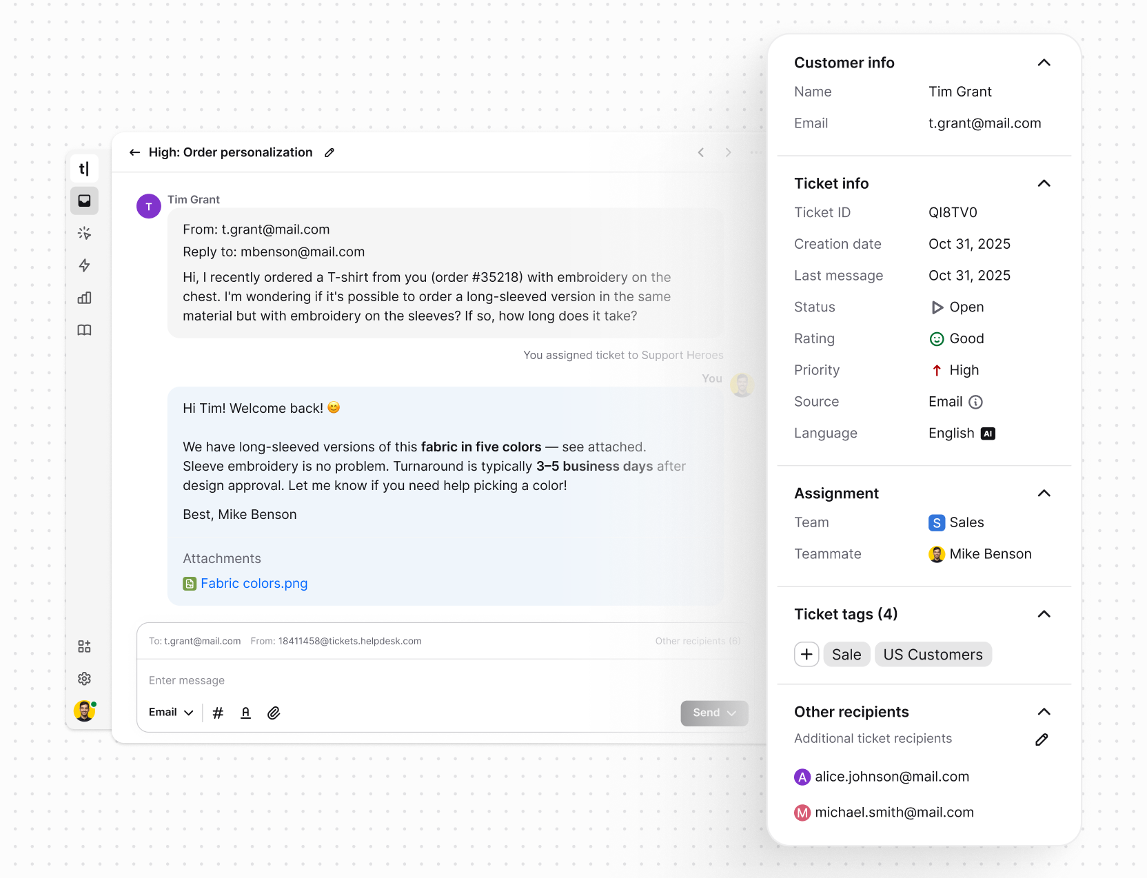 Ticket details such as status, assignee, and priority being displayed in Text App.