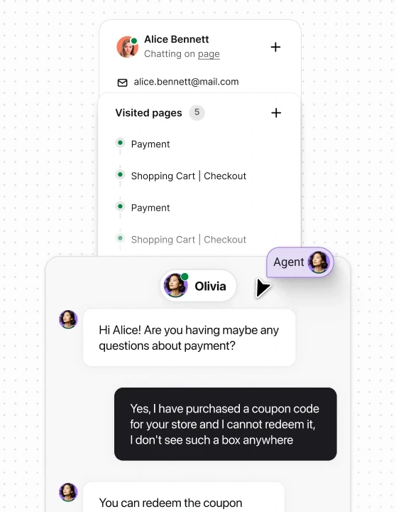 Customer’s visited pages and visit details shown alongside a live chat conversation between the customer and an agent in Text App.
